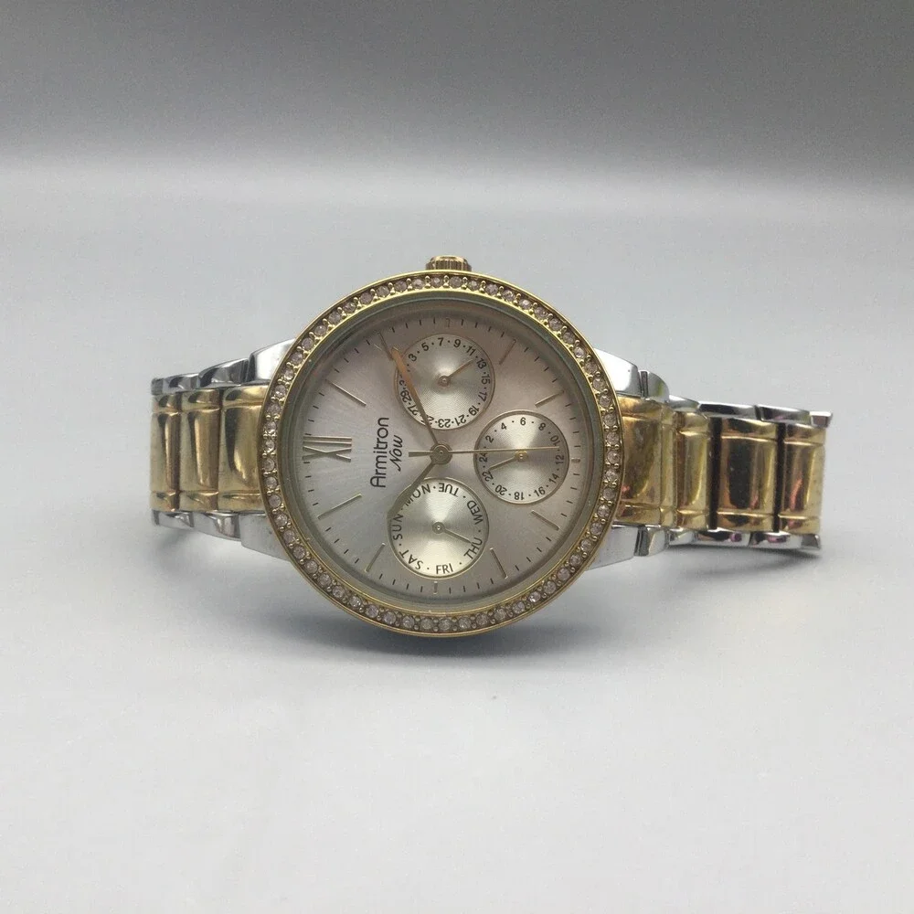 Armitron Now Womens Watch 34mm Two Tone Crystals Day Date New Battery 6.5